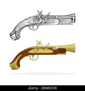 Vecchia pistola. Collezione di illustrazioni vettoriali disegnate a mano con pistola flintlock vintage. Incisione e cartoni animati disegni antichi a pistola. Parte del set. Illustrazione Vettoriale