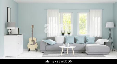 moderno salotto con pavimento in legno, parete verde pastello, rendering 3d Foto Stock