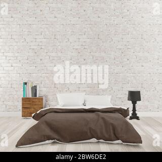 3D rendering Camera da letto stile loft con pareti in mattoni bianchi, pavimento in legno, mock up Foto Stock