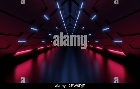 Tunnel di rendering 3D interno blu e rosa di Spaceship, corridoio Foto Stock