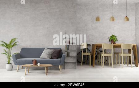 Rendering 3D in stile loft soggiorno e sala da pranzo con cemento grezzo, pavimento in legno, divano, scrivania da pranzo, lampade, immagine per spazio di copia o mock-up Foto Stock