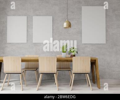 rendering 3d di grande sala da pranzo con loft e industrail stile, parete in cemento per mock up e spazio di copia Foto Stock