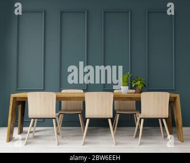 Tavolo da pranzo con rendering 3d in grande design room.interior, stile art deco, parete verde per spazio di simulazione e copia Foto Stock