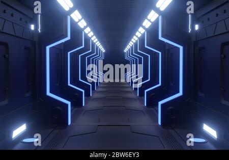 Tunnel di rendering 3D Spaceship interno nero e blu, corridoio Foto Stock