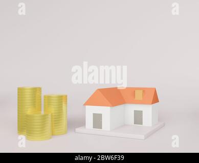 Moneta d'oro allineata verticalmente nel modello della casa di direzione di crescita posto sul pavimento, risparmiando soldi per il bene immobile Foto Stock