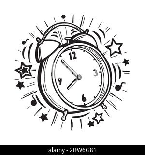 Sveglia. Illustrazione della sveglia disegnata a mano. Schizzo dell'orologio di allarme isolato su sfondo bianco. Concetto di ora di sveglia. Parte del set. Illustrazione Vettoriale