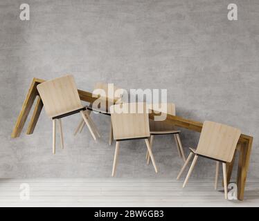 Tavolo da pranzo con levitazione 3D in grande design room.interior, stile loft, parete in cemento grezzo per spazio di riproduzione e simulazione Foto Stock