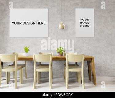 rendering 3d di grande sala da pranzo con loft e industrail stile, parete in cemento per mock up e copia spazio cornice modello Foto Stock