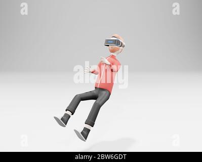 Giovane uomo che usa il visore per la realtà virtuale, la realtà virtuale, il rendering 3d, che galleggia nel mondo immaginario Foto Stock