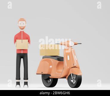 Uomo di consegna cartoon in uniforme rossa con rendering moto.3d Foto Stock