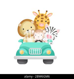 Simpatico scimmia, zebra, giraffe e leone viaggio in auto. Elemento grafico per libri, album, album, album, cartoline o giochi per dispositivi mobili per bambini. Tema Zoo. Illustrazione Vettoriale