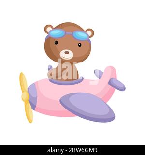 Carino pilota di orso che indossa occhiali da aviatore che volano un aereo. Elemento grafico per libro, album, album, album, cartolina, gioco mobile per bambini. Illustrazione Vettoriale