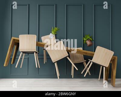 Tavolo da pranzo con levitazione 3D in grande design room.interior, stile art deco, parete verde per spazio di riproduzione e simulazione Foto Stock