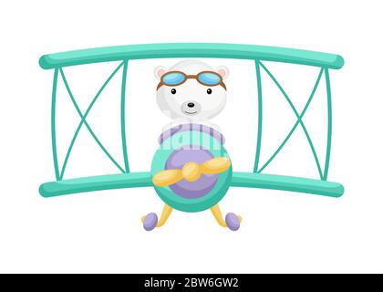 Carino pilota di orso polare che indossa occhiali da aviatore che volano un aereo. Elemento grafico per libro, album, album, cartolina, gioco per bambini. Illustrazione Vettoriale