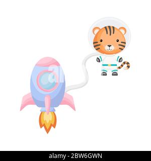 Carino astronauta tigre che vola in spazio aperto. Elemento grafico per libro, album, album, cartolina, invito per bambini. Illustrazione Vettoriale