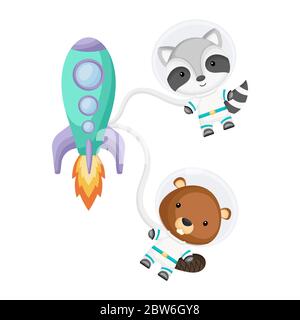 Carino piccolo raccoon e astronauti castori che volano in spazio aperto. Elemento grafico per libro, album, album, cartolina, invito per bambini. Illustrazione Vettoriale