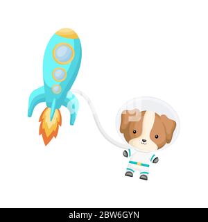 Carino astronauta di cani che vola in spazio aperto. Elemento grafico per libro, album, album, cartolina, invito per bambini Illustrazione Vettoriale