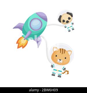 Carino astronauti di cani e gatti che volano in razzo e spazio aperto. Elemento grafico per libro, album, album, cartolina, invito per bambini. Illustrazione Vettoriale