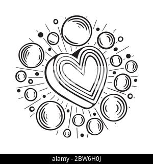 Cuore. Illustrazione vettoriale disegnata a mano di cuore, bolle e raggi. Amore e relazione romantica metafora grafica. Illustrazione Vettoriale