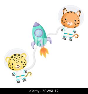 Simpatico lince e astronauti jaguar che volano in spazi aperti. Elemento grafico per libro, album, album, cartolina, invito per bambini. Illustrazione Vettoriale