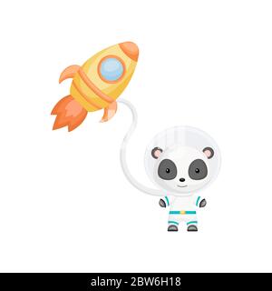 Carino astronauta panda che vola in spazio aperto. Elemento grafico per libro, album, album, cartolina, invito per bambini. Illustrazione Vettoriale