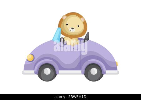 Simpatico leone driver in auto. Elemento grafico per libri, album, album, album, cartoline o giochi per dispositivi mobili per bambini. Illustrazione vettoriale piatta isolata Illustrazione Vettoriale