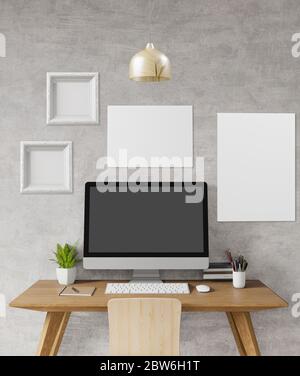 Piano di lavoro loft, mock up, spazio di copia, modello, lavoro da casa, rendering 3d, illustrazione Foto Stock