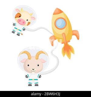 Carino astronauti di mucca e capra che volano nello spazio aperto. Elemento grafico per libro, album, album, cartolina, invito per bambini. Illustrazione Vettoriale