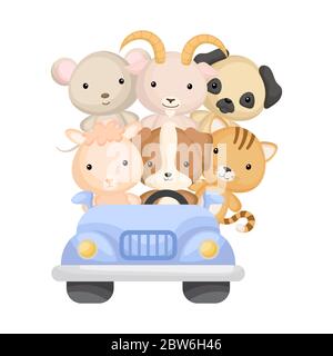 Carino mouse, cane, capra, gatto e alpaca viaggio in auto. Elemento grafico per libri, album, album, album, cartoline o giochi per dispositivi mobili per bambini. Tema Zoo. Illustrazione Vettoriale