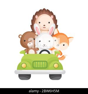 Carino coniglio, orso, volpe e hedgehog viaggio in auto verde. Elemento grafico per libro, album, album, album, cartolina, gioco mobile per bambini. Tema Zoo. Illustrazione Vettoriale