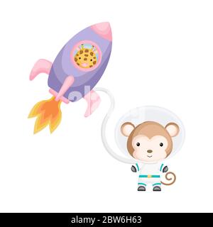 Carino astronauti di giraffe e scimmie che volano in razzo e spazio aperto. Elemento grafico per libro, album, cartolina, invito per bambini. Illustrazione Vettoriale