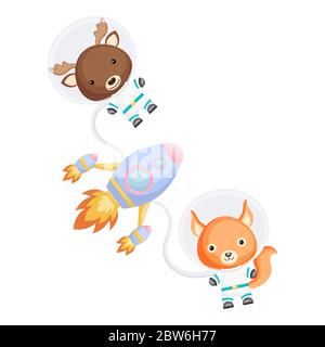 Carino astronauti a forma di alci e scoiattoli che volano in spazi aperti. Elemento grafico per libro, album, album, cartolina, invito per bambini. Illustrazione Vettoriale