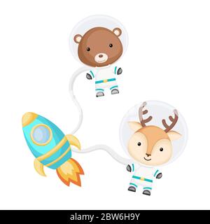 Carino astronauti di orsi e cervi che volano in spazi aperti. Elemento grafico per libro, album, album, cartolina, invito per bambini. Illustrazione Vettoriale