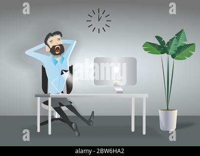 Uomo d'affari seduto computer desktop, flat vettoriale illustrazione. Illustrazione Vettoriale