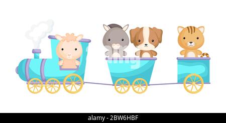 Simpatico alpaca, asino, cane e gatto giro in treno. Elemento grafico per libri, album, album, album, cartoline o giochi per dispositivi mobili per bambini. Tema Zoo. Illustrazione Vettoriale