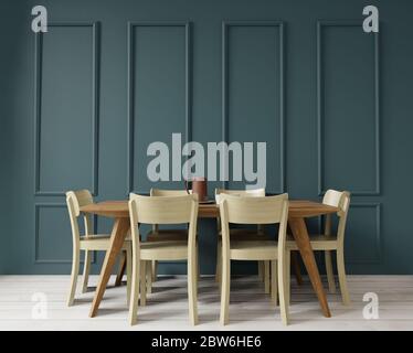 Spazio per la copia della sala da pranzo su sfondo verde in stile art deco, vista frontale, rendering 3D Foto Stock