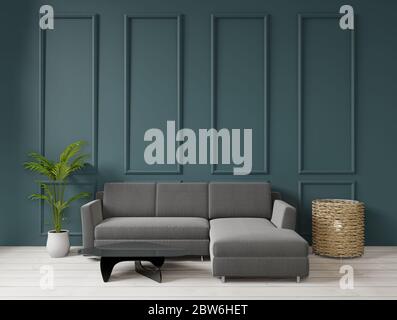 Soggiorno su sfondo verde in stile art deco, vista frontale, spazio copia, rendering 3D Foto Stock