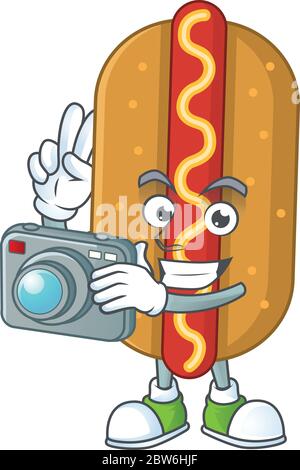 Hotdog fotografo mascotte design scattare una foto con una fotocamera Illustrazione Vettoriale