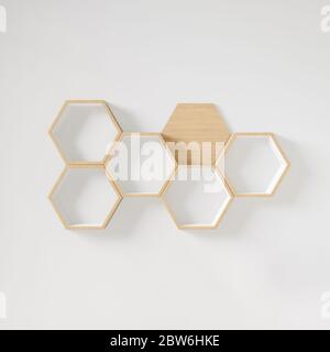 Scaffali esagonali per la simulazione di spazio per la copia, esegone in legno Foto Stock