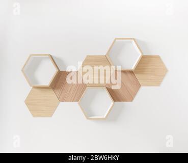 Scaffali esagonali per la simulazione di spazio per la copia, esegone in legno Foto Stock