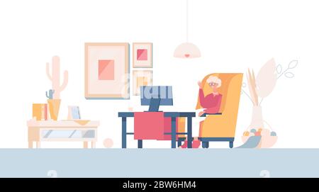 Felice vecchia donna si siede in poltrona, parlare via video conferenza, o guardare la TV vettore piatto cartoon illustrazione. Donna sorridente nel soggiorno. Nonna rilassante a casa, stile di vita concetto. Illustrazione Vettoriale