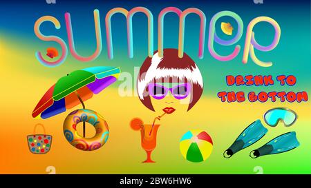 Poster delle vacanze estive sullo sfondo sfumato con riempimento colorato. Illustrazione Vettoriale