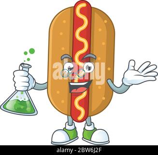 Hotdog Smart Professor Cartoon personaggio che tiene il tubo di vetro in laboratorio Illustrazione Vettoriale