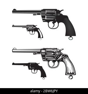 Revolver. Illustrazione vettoriale con revolver vintage disegnata a mano. Incisione e stile realistico vecchie pistole set. Illustrazione Vettoriale