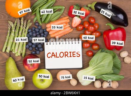 Frutta e verdura con etichette calorie Foto Stock
