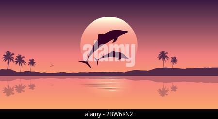 Due delfini saltano fuori dall'acqua all'alba, immagine vettoriale EPS10 Illustrazione Vettoriale