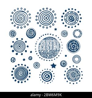 Sole. Set di illustrazioni vettoriali del sole disegnate a mano. Disegno astratto di sole, pianeti e stelle. Parte del set. Illustrazione Vettoriale