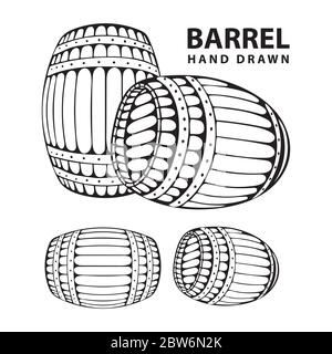 Barile. Illustrazioni a cilindro disegnate a mano in stile incisione. Whisky, vino o birra d'epoca isolati su sfondo bianco. Illustrazione Vettoriale