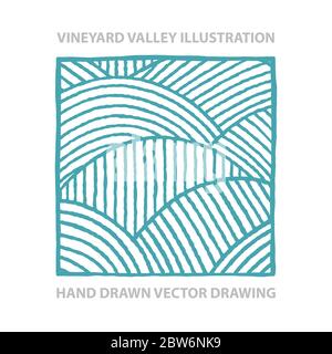 Disegno astratto della valle. Vigneto e valle soleggiata disegnata a mano illustrazione vettoriale. Grafica in stile incisione natura e prati. Parte del set. Illustrazione Vettoriale