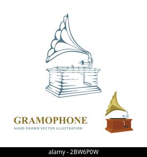 Gramophone. Illustrazioni vettoriali realistiche e disegnate a mano da Gramophone. Disegno di schizzo della vista laterale del vecchio gramofono. Concetto di musica retrò. Parte del set. Illustrazione Vettoriale